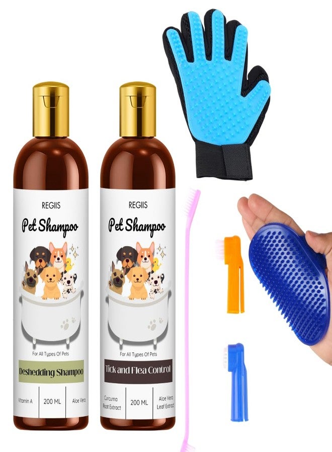 مجموعة ريجيس للعناية بالحيوانات الأليفة مع شامبو لإزالة الشعر الزائد ومكافحة البراغيث، 2 × 200 مل شامبو طبيعي للحيوانات الأليفة، قفاز للعناية، فرشاة، مشط (عبوة من 5 قطع) - Image 1